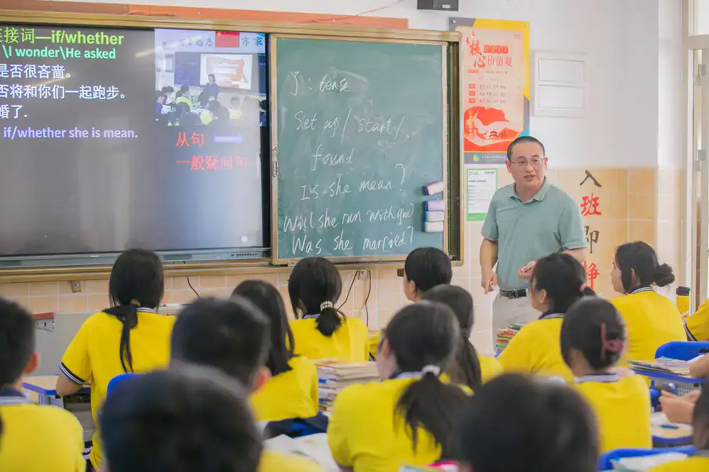 Students actively participating in a bright, modern language classroom